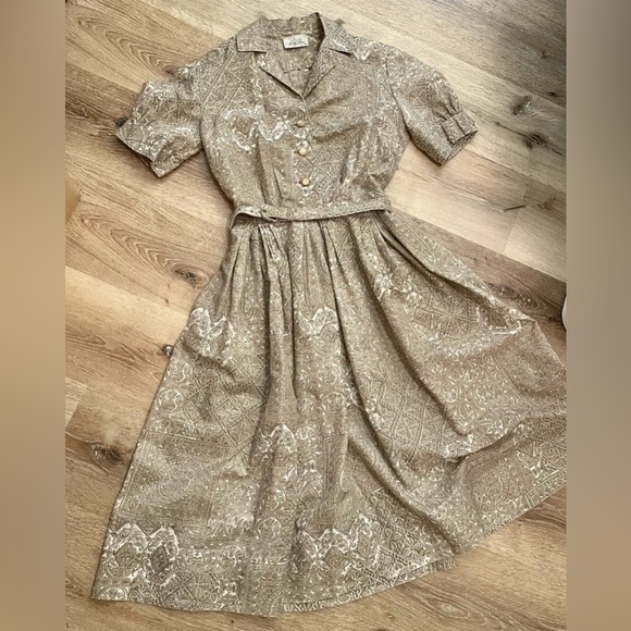Nelly Don Vintage 1950s tan neutral shirtwaist dress S 25”w VLV rockabilly pinup - Picture 1 of 11